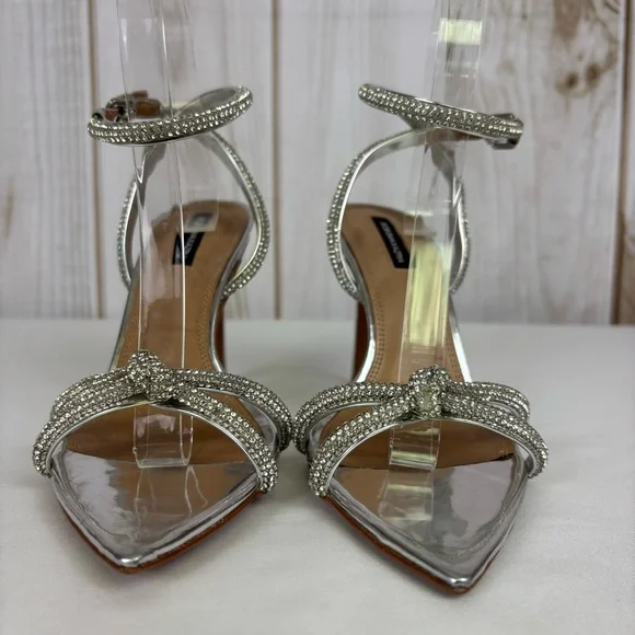 BCBGMaxazria Leather Heels Rhinestone Strappy Stiletto Elegant Pumps Silver Sz 9 - Picture 7 of 16